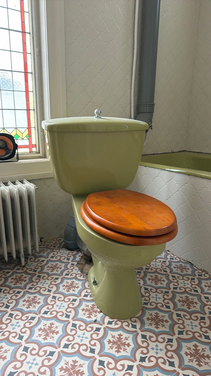 Vintage Groen Toilet en Wastafel met Houten Zitting, Doe-het-zelf en Verbouw, Sanitair, Ophalen, Gebruikt, Toilet