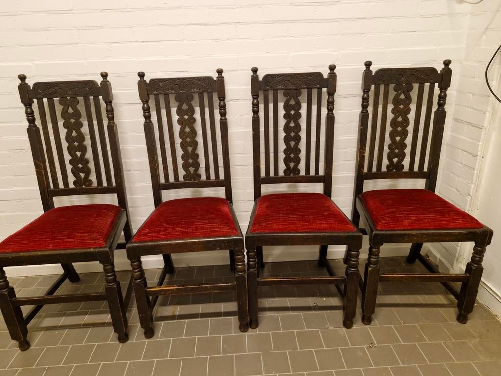 Set van 4 antieke eikenhouten stoelen met rood fluweel, Antiek en Kunst, Antiek | Meubels | Stoelen en Banken, Ophalen