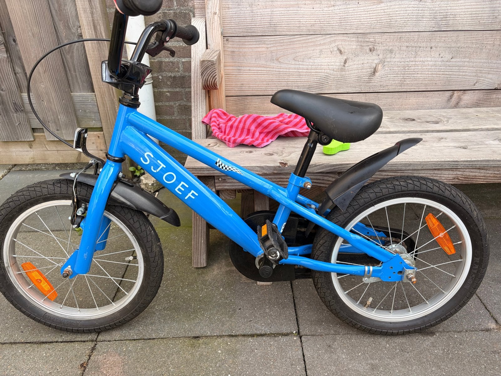 SJOEF Kinderfiets Blauw - 16 inch met zijwieltjes, Ophalen, Terugtraprem, Zijwieltjes, Gebruikt