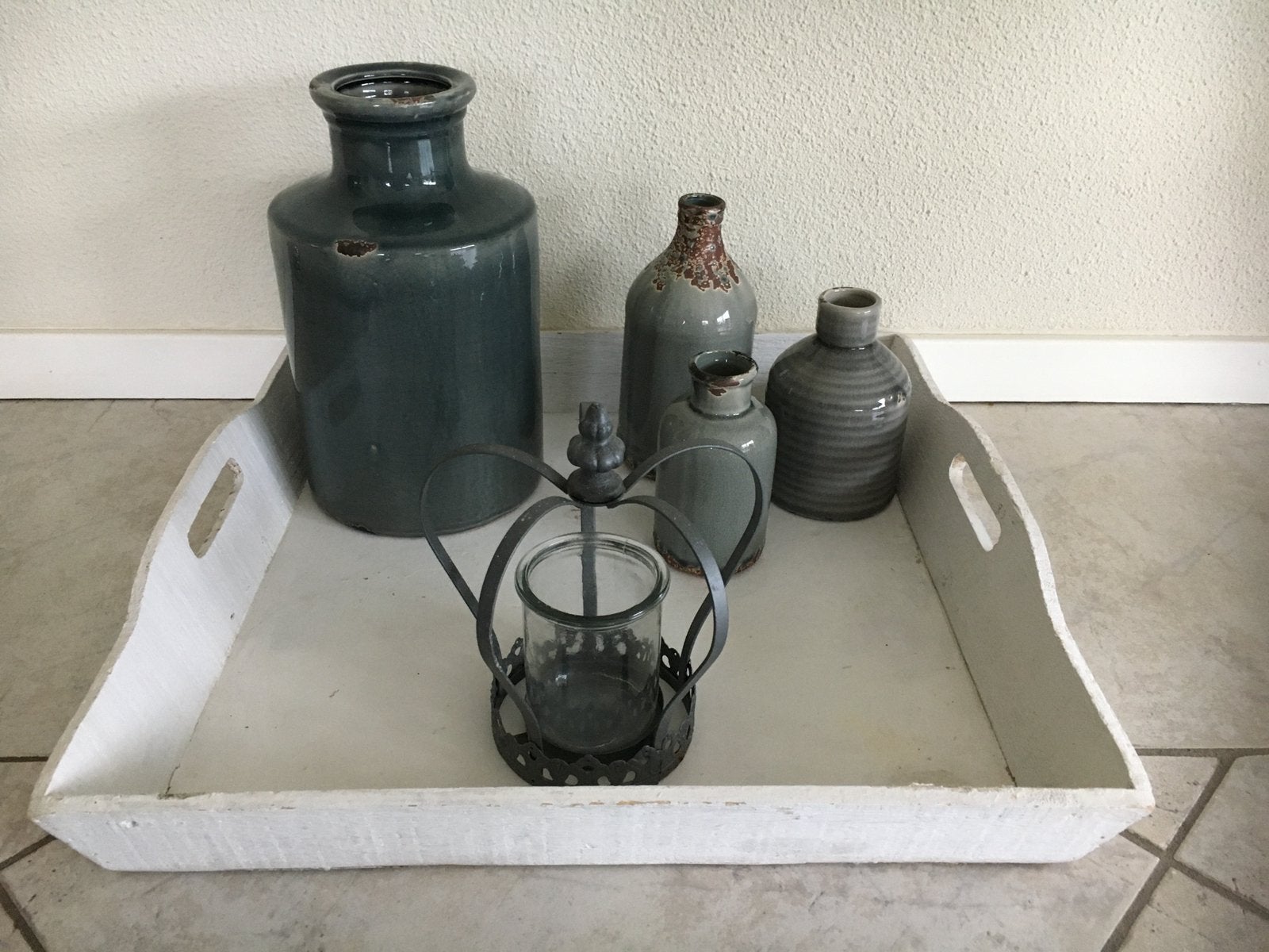 Vazen potten grijs/bruin/blauw geglazuurd aardewerk + kroon, Ophalen of Verzenden, Zo goed als nieuw, Blauw, Overige materialen