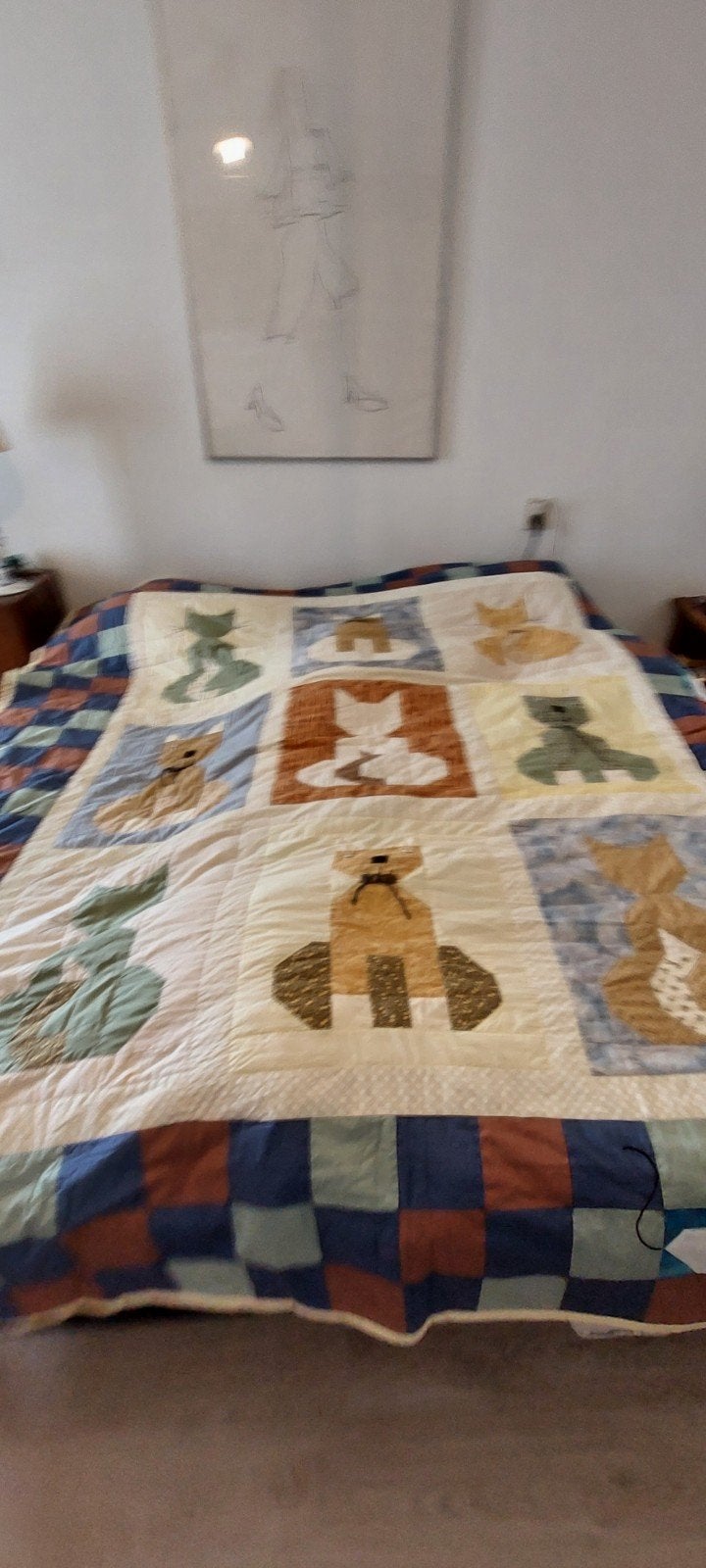 Grote handmade sprei 200x250 met poezen, 'Made by Nanna', Overige kleuren, Overige typen, Tweepersoons, Ophalen of Verzenden