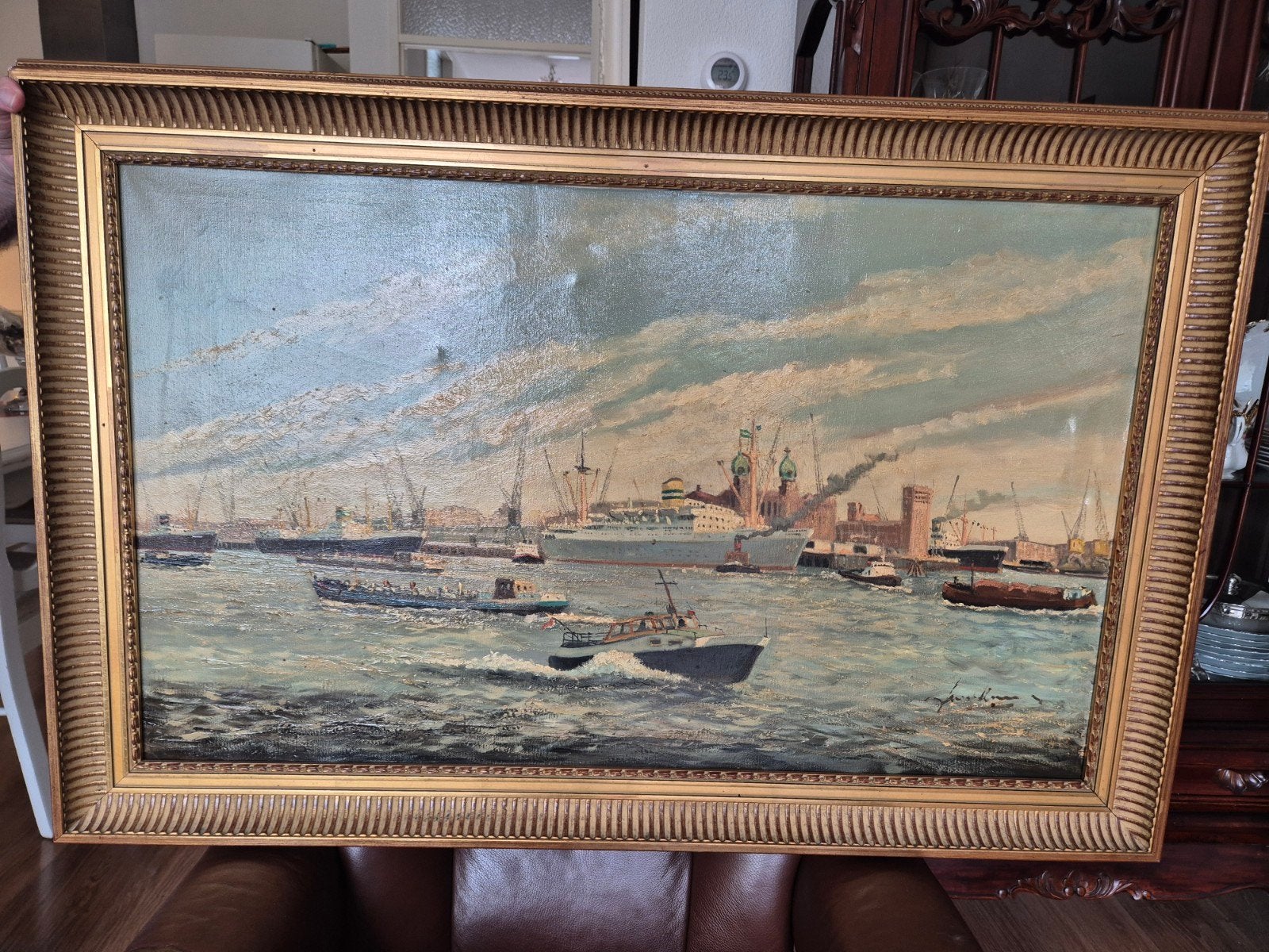 Olieverfschilderij havengezicht met schepen en boten, Ophalen, Maritiem / water, Doek, Realistisch