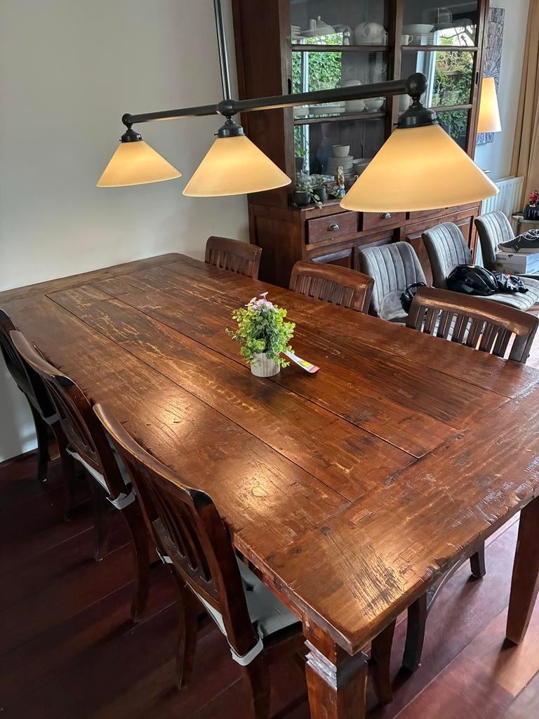 Oude Originele Indonesische Teak Eettafel met Stoelen, Antiek en Kunst, Ophalen of Verzenden