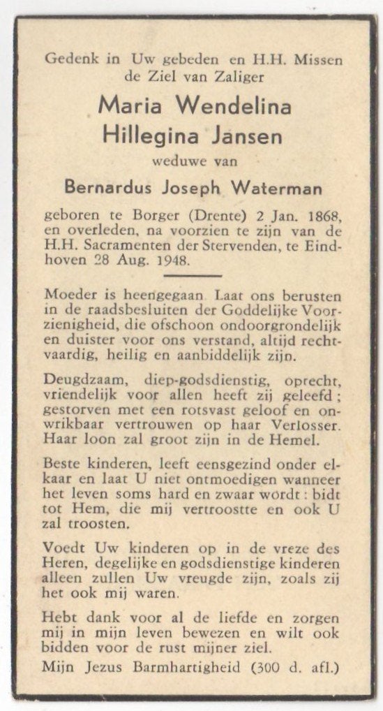 Maria W.H. Jansen 1868 Borger + 1948 Eindhoven, 80 jaar oud, Ophalen of Verzenden