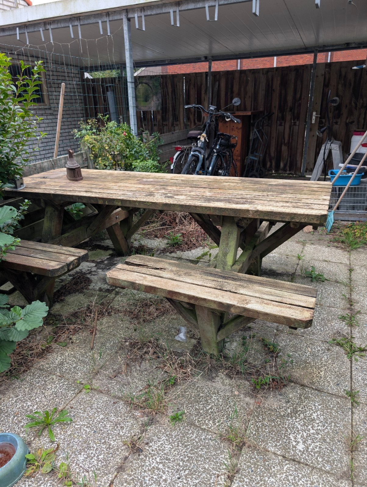 Robuuste houten picknicktafel voor 8 personen, Ophalen, Gebruikt, Rechthoekig, Hout