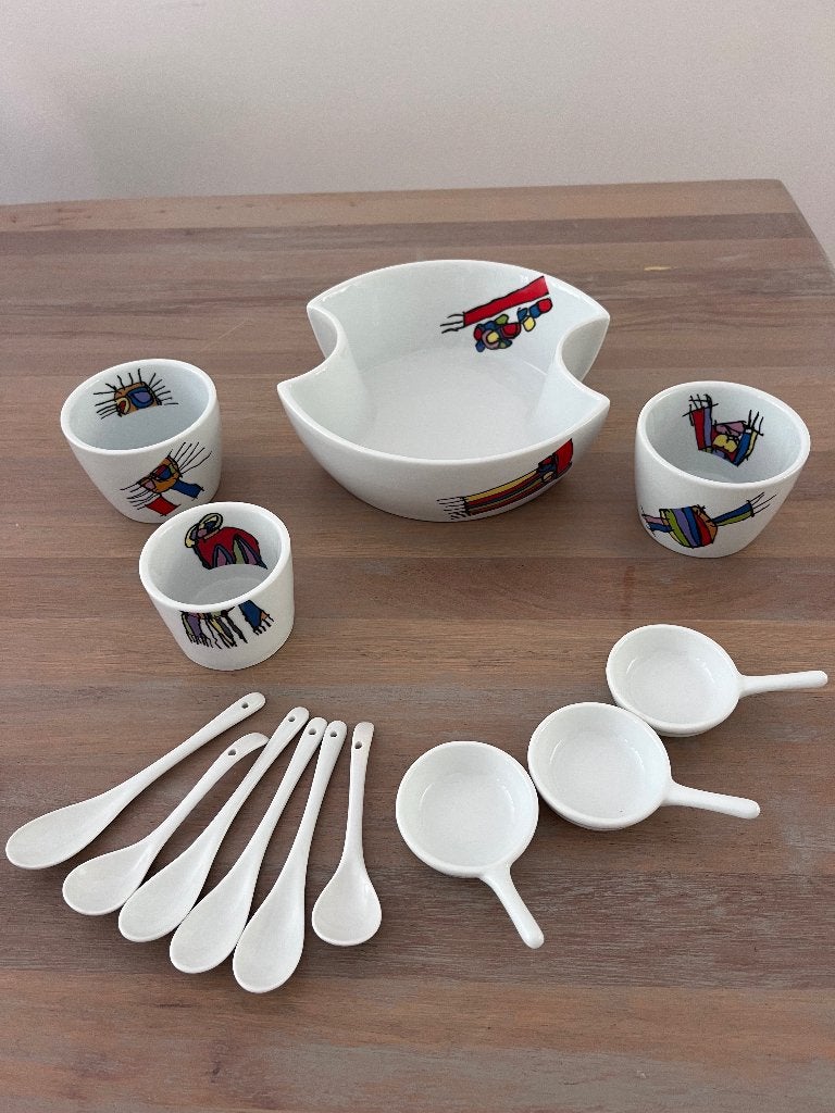 Borrelset / grote schaal met kleinere bakjes met afbeelding, Porselein of Keramiek, Schaal, Rond, Ophalen of Verzenden