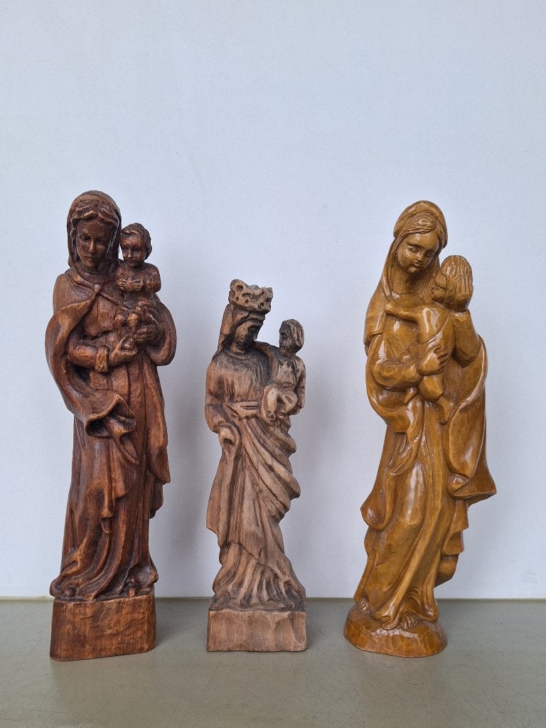 vintage houtsnijwerk hout houten maria-beeld met kind, Verzamelen, Ophalen of Verzenden, Gebruikt, Beeld(je), Christendom | Katholiek