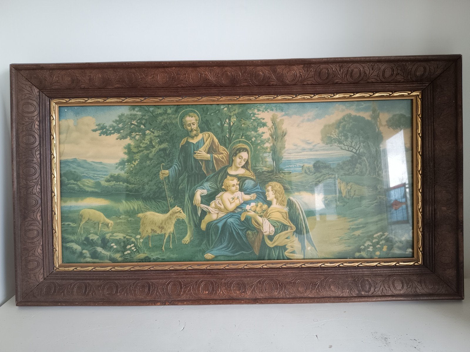 Antieke religieuze prent in sierlijke lijst/lijsten, Ophalen, Achter glas, Klassiek, Print