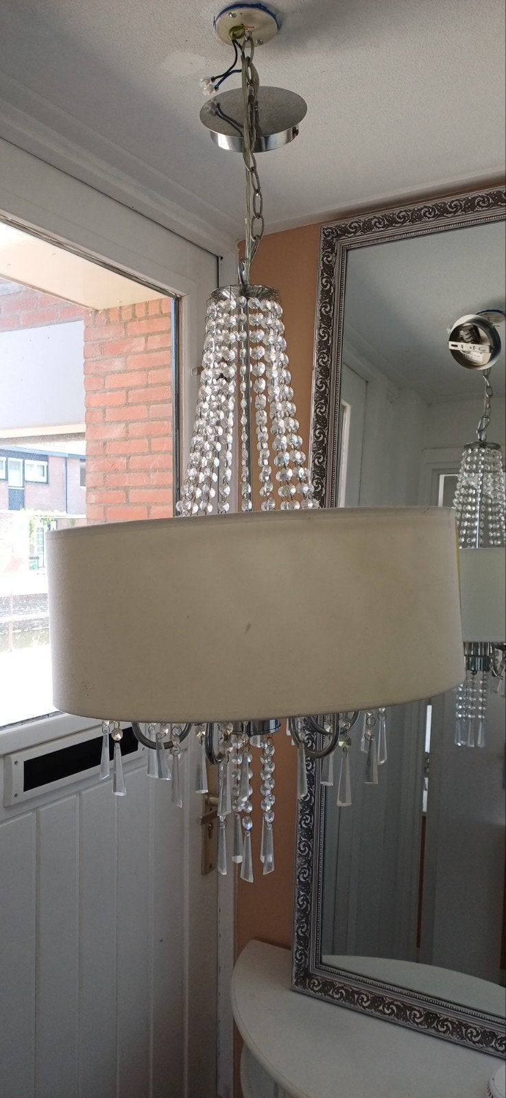 Luxe kroonluchter met stoffen kap en kristallen, Ophalen, Gebruikt, Glas, E14 (klein)