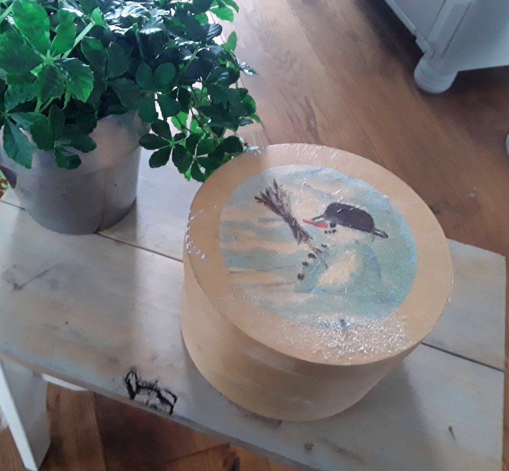 Houten ronde doos met winters tafereel, Ophalen of Verzenden, Gebruikt, Hout