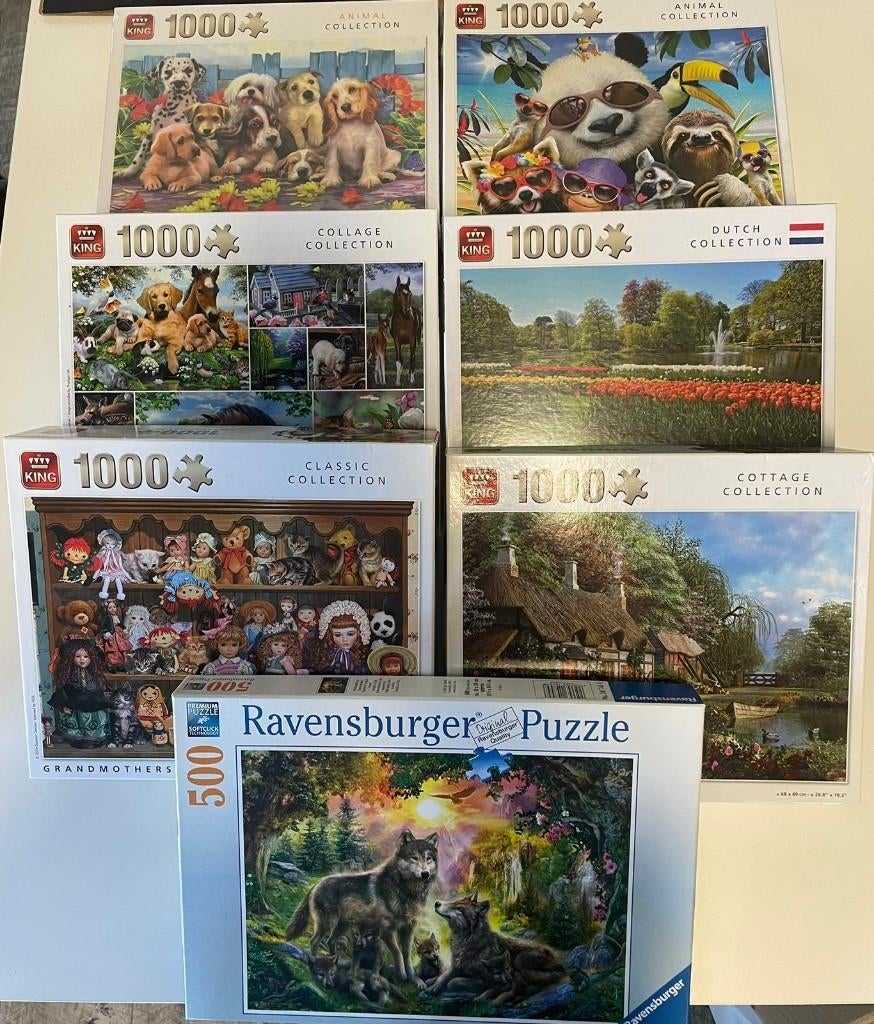 Te koop 7 puzzels T.E.A.B., Ophalen, 500 t/m 1500 stukjes, Zo goed als nieuw, Legpuzzel
