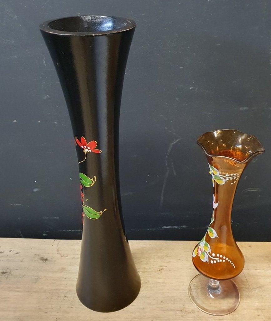 1497 1499 vintage vaas vaasjes vazen hout glas bloemen, Ophalen of Verzenden, Zo goed als nieuw, Glas