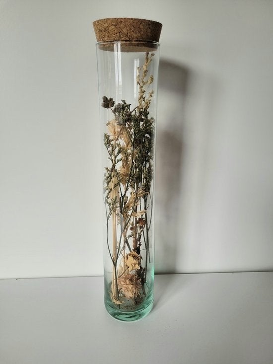 Glazen tube met kurken stop en droogbloemen, Inclusief droogbloemen, Nieuw, Ophalen of Verzenden, Glas