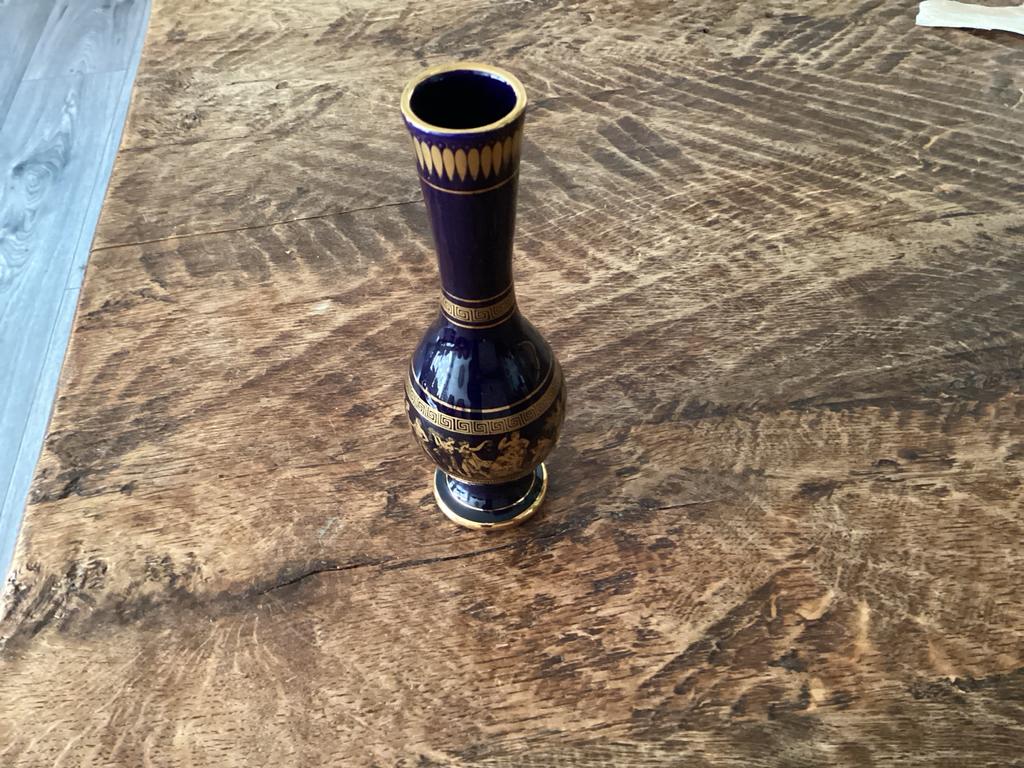 Kobalt blauw vaasje met Griekse decoratie, Ophalen of Verzenden