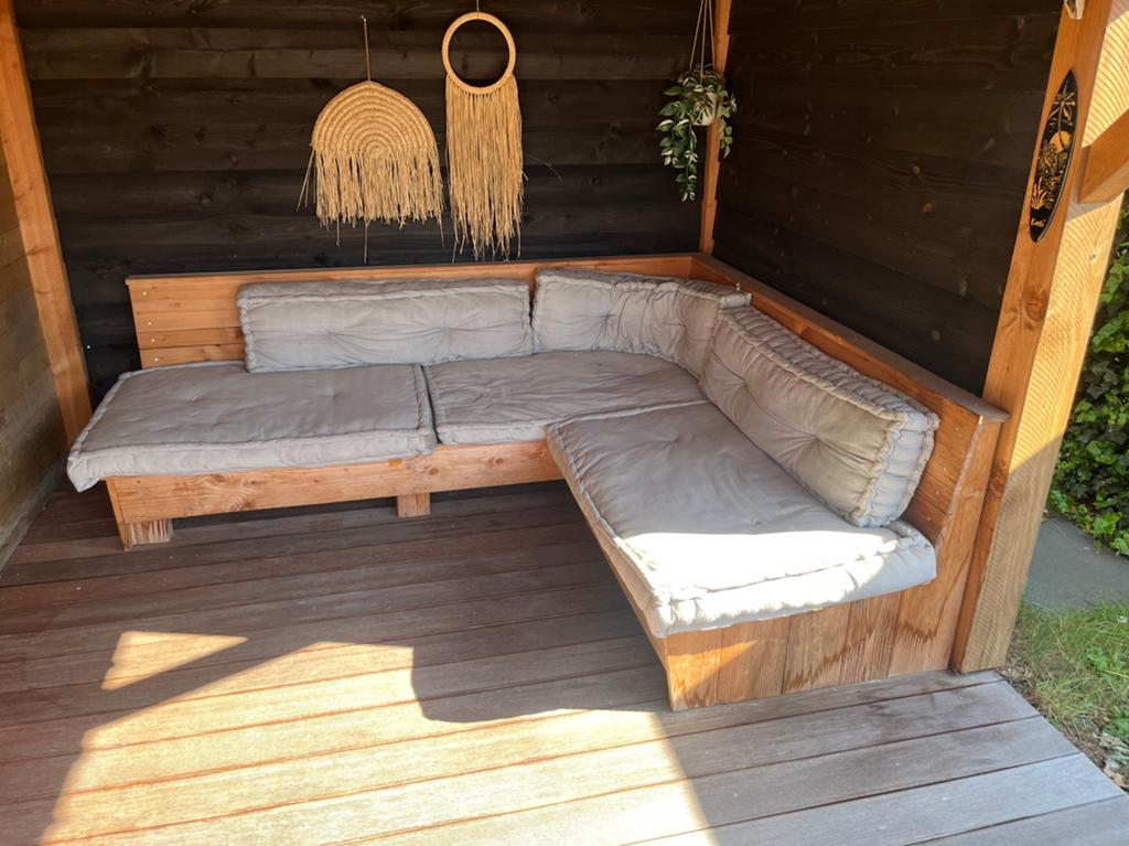 Douglas hoekbank / loungeset met palletkussens, Tuin en Terras, Tuinsets en Loungesets, Ophalen, 5 zitplaatsen, Gebruikt, Loungeset