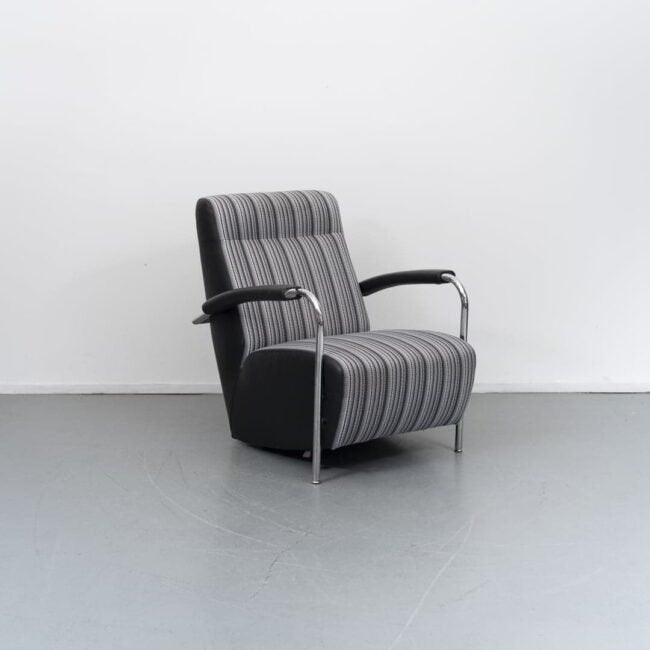 Leolux Scylla Hoog Fauteuil Grijs/Zwart Gestreept Stof, Niet ingevuld, Zo goed als nieuw, Niet ingevuld, Niet ingevuld