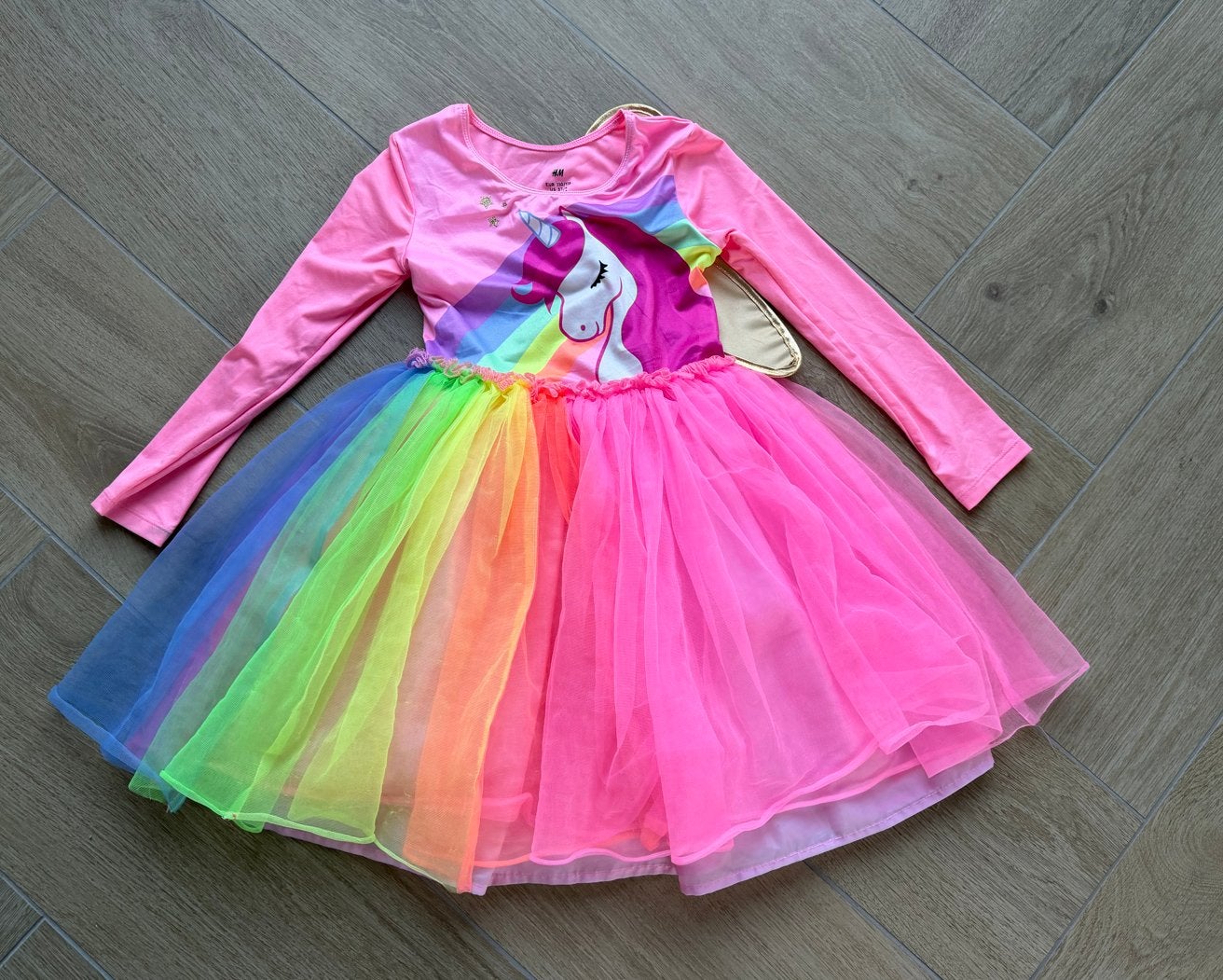 Eenhoorn jurk met regenboog tule en gouden vleugels maat 110, Ophalen of Verzenden, Zo goed als nieuw, 110 t/m 116, Meisje