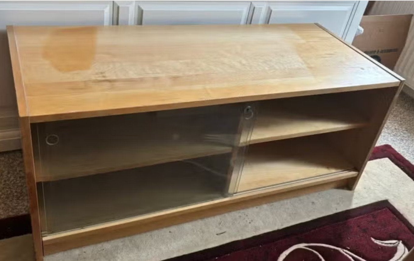 TV meubel met glazen schuifdeuren, Ophalen, Gebruikt, 100 tot 150 cm, Glas