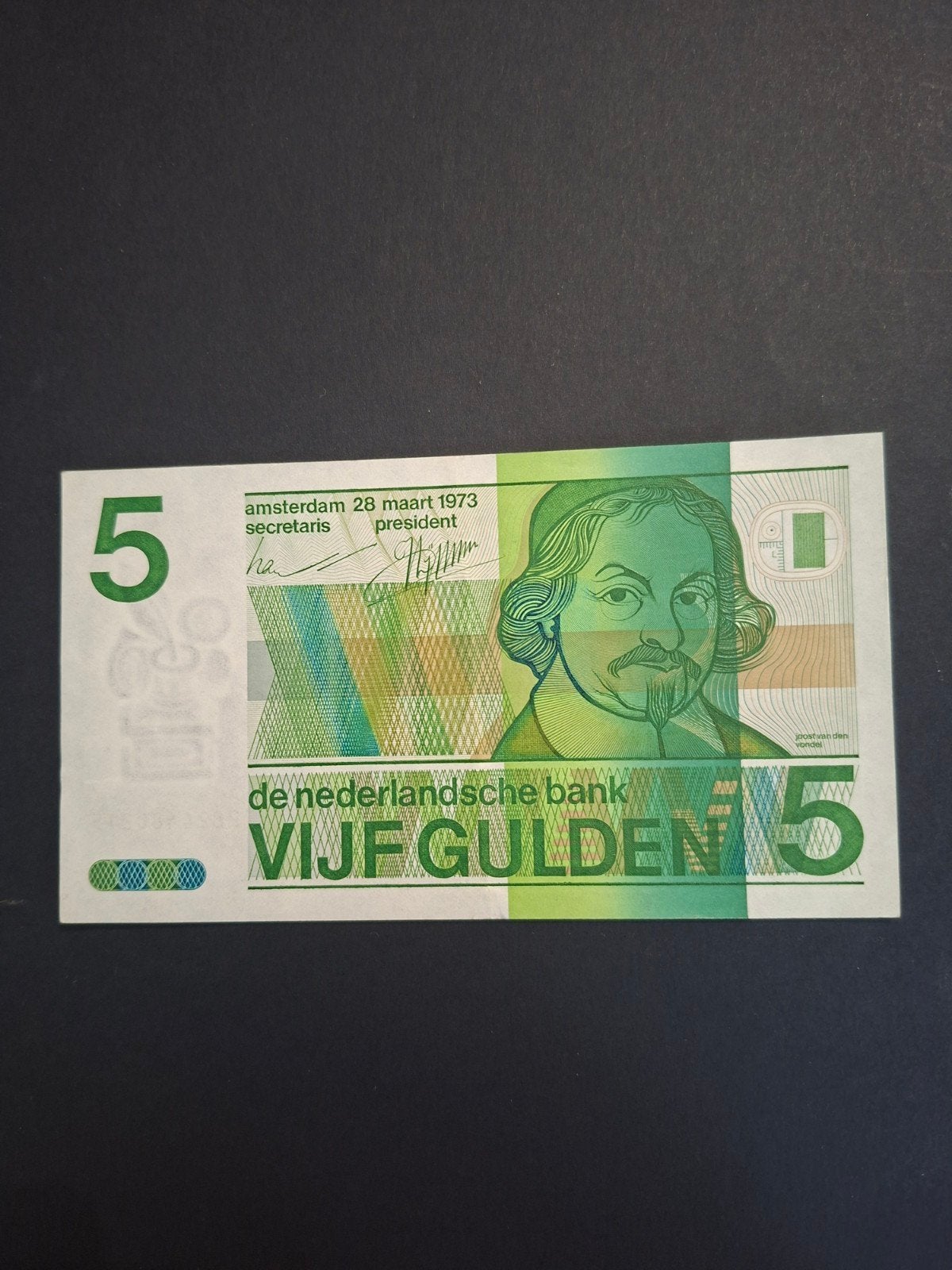 5 gulden Vondel II proof 2 uit 1973 in AUNC
Serie nummer 282, Verzenden, 5 gulden, Los biljet