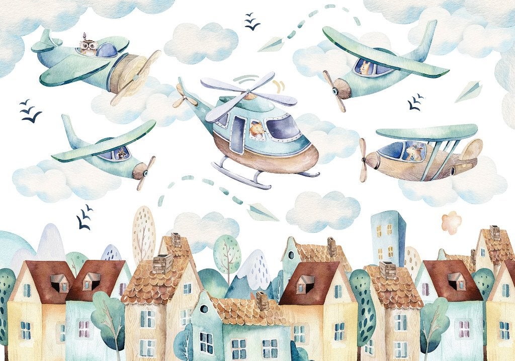 Helikopter en vliegtuig behang I, babykamer, kinderkamer, Kinderen en Baby's, Verzenden, Nieuw