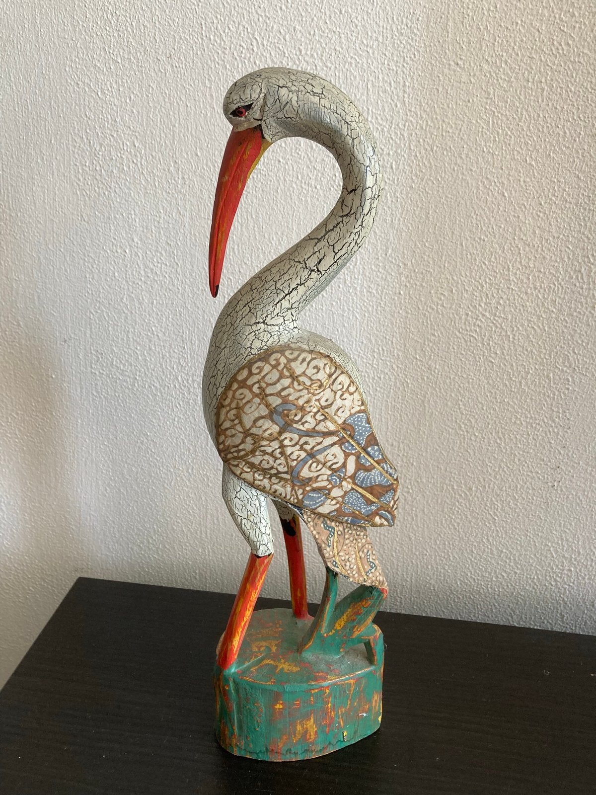 Ooievaar craquelé met batik vleugels Bali 41cm, Ophalen of Verzenden