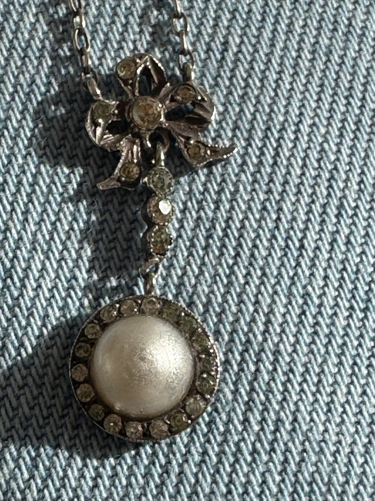 Antiek Zilveren Collier met Mabé Parel, Ophalen of Verzenden, Zilver, Ketting, Met edelsteen