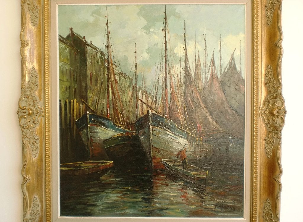 Zeilschepen in vissershaven - Imposant schilderij, 105x95 cm, Ophalen, Maritiem / water, Doek, Bijzondere lijst
