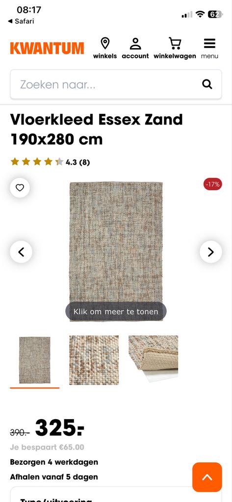 Vloerkleed handgeweven model Essex 190x280 cm, Ophalen, Gebruikt, Beige, 150 tot 200 cm