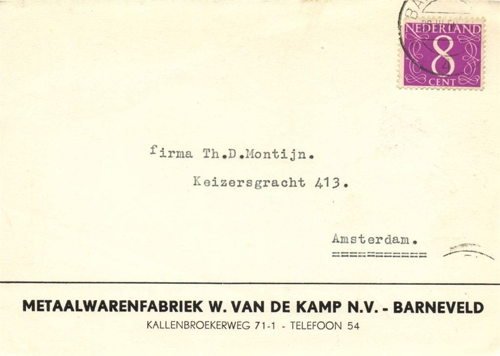 Metaalwarenfabriek W. van de Kamp NV, Barneveld - 03.1959 -, Ophalen of Verzenden, Briefkaart