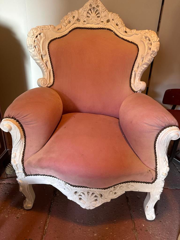 Antieke Barok Stijl Fauteuil - Roze Velours & Wit Hout, Ophalen