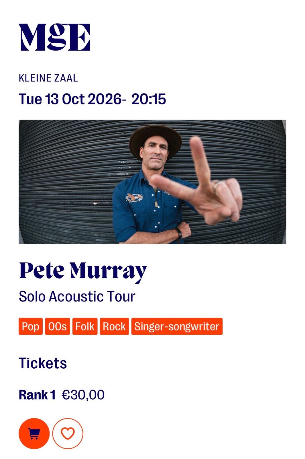 Tickets (2 stuks) Pete Murray muziekgebouw Eindhvoen