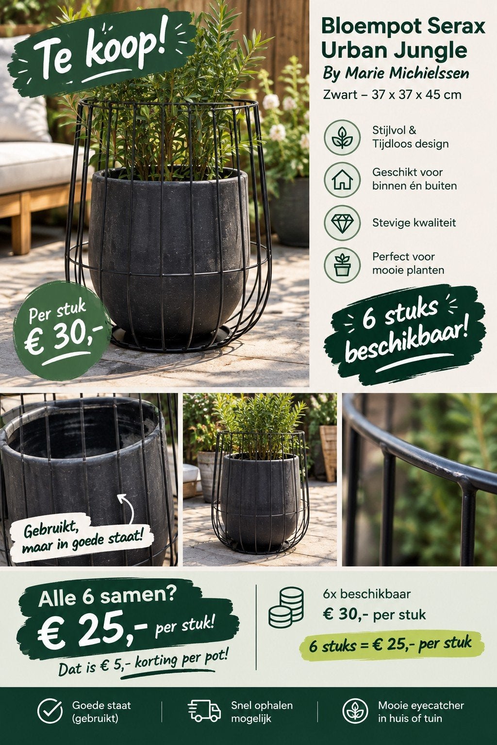 Bloempot Serax Urban Jungle Zwart 37x37x45 cm, Tuin en Terras, Gebruikt, Rond, Metaal, Binnen