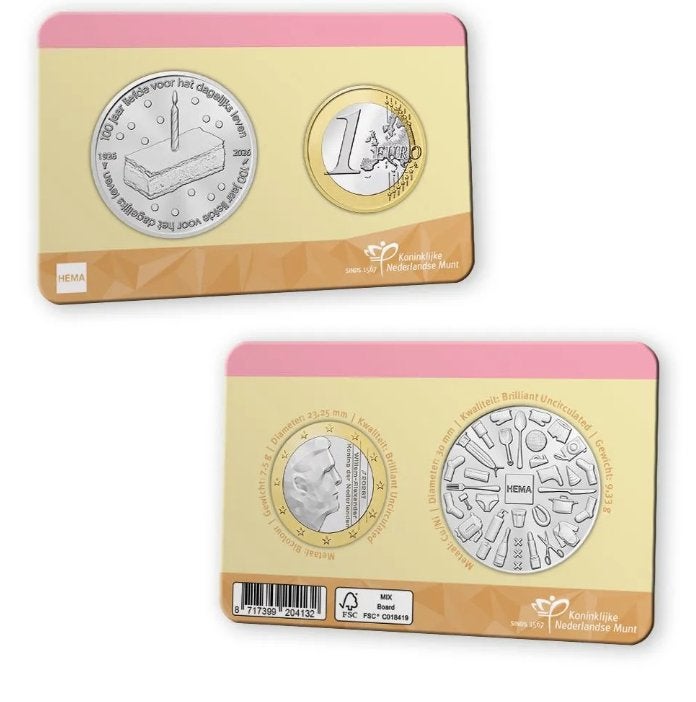 Nederland 1 Euro 2026 & penning 100 jaar Hema in coincard, Ophalen of Verzenden, Koningin Beatrix, Euro's, Losse munt