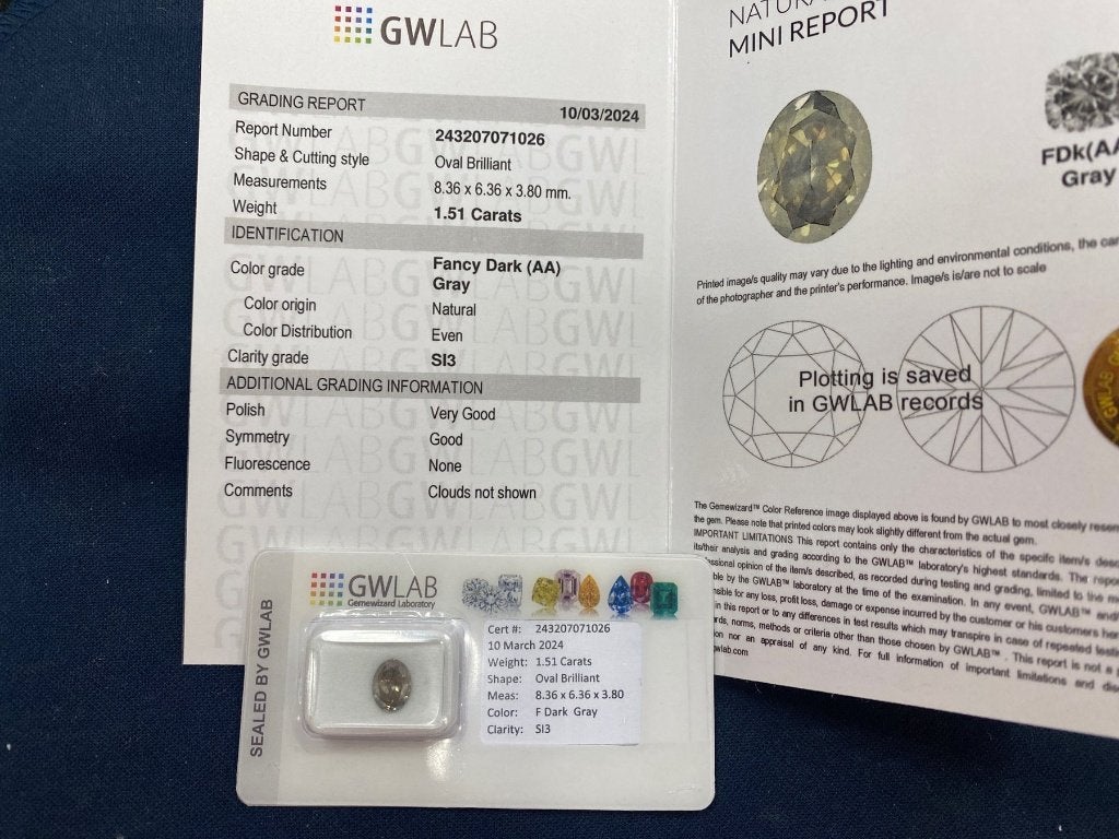 Natuurlijke Diamant - 1.51 ct - fancy dark (AA) gray SI3, Sieraden, Tassen en Uiterlijk, Edelstenen, Ophalen of Verzenden, Nieuw