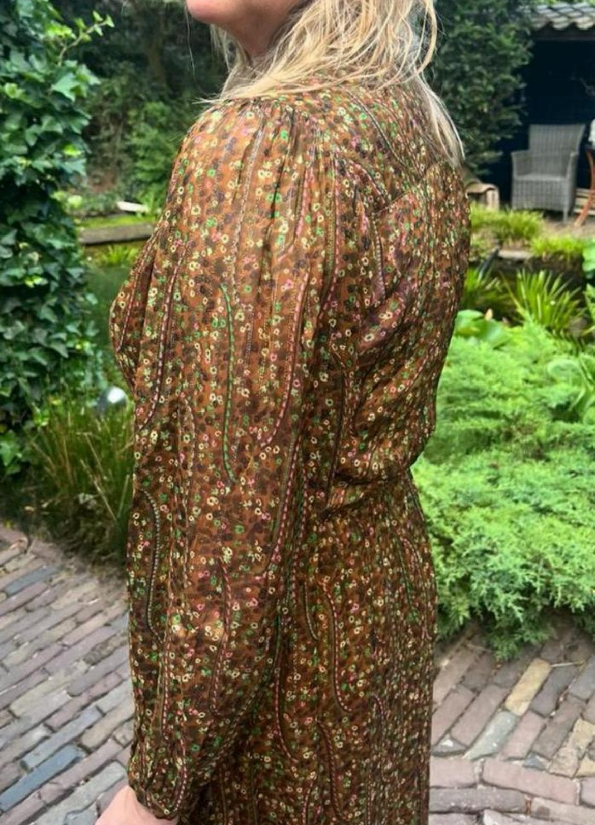 DANTE6 lange jurk als NIEUW Bruin/goud met fel roze/groen mt, Bruin, DANTE6, Ophalen of Verzenden, Zo goed als nieuw