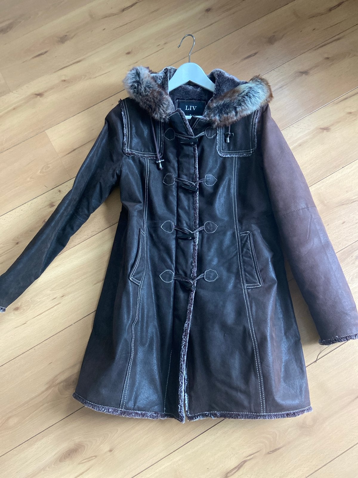 LIV Leren Winterjas met Bontkraag - Maat 38, Ophalen, Gedragen, Maat 38/40 (M), Bruin