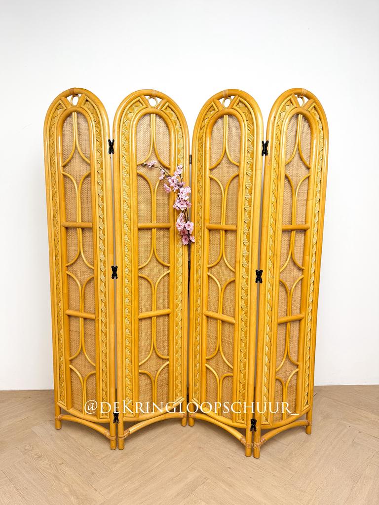 Vintage vierdelig rotan Bamboe kamerscherm, roomdivider, Ophalen of Verzenden, Zo goed als nieuw