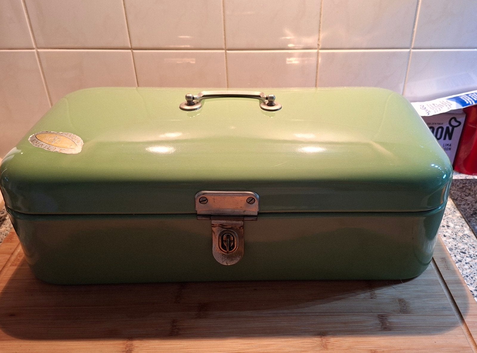 Vitage Groene Emaille Broodtrommel, Antiek en Kunst, Ophalen