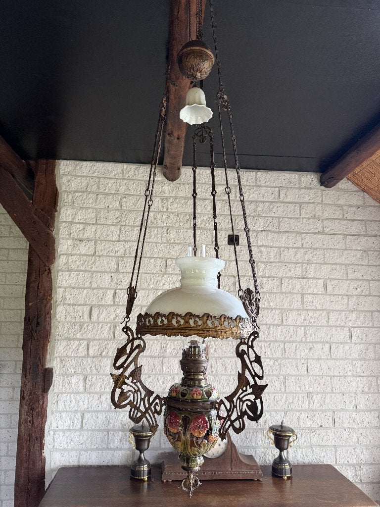 Antieke  majolica  petroleum hanglamp, Antiek en Kunst, Ophalen