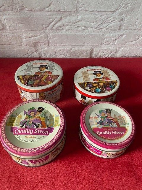 4 vintage "Engelse" choco koekjes blikken, Ophalen of Verzenden, Gebruikt, Koek(jes)