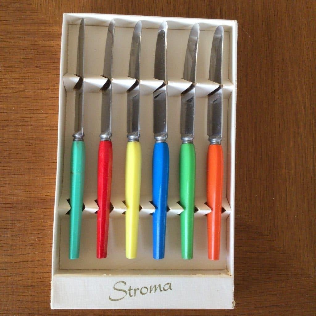 Vintage Stroma fruitmessenset (6 st) – gekleurde handgrepen., Ophalen of Verzenden, Huis en Inrichting