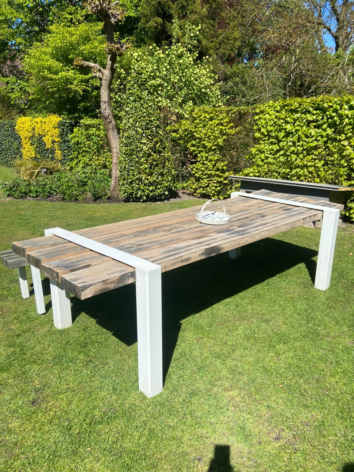 Prachtige stevige tuintafel met bijpassende tuinbank eikenho, Tuin en Terras, Ophalen, Gebruikt, Rechthoekig, Hout