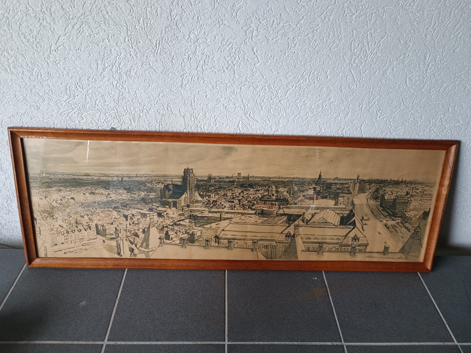 Panorama van Rotterdam, april 1940 - Marius Richters, Ophalen, Tekening, Pentekening, Achter glas