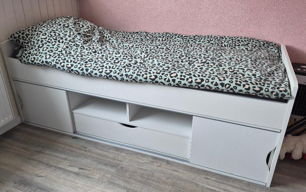 Een persoons bed met opberg ruimte, Ophalen, 90 cm, Eenpersoons, Wit