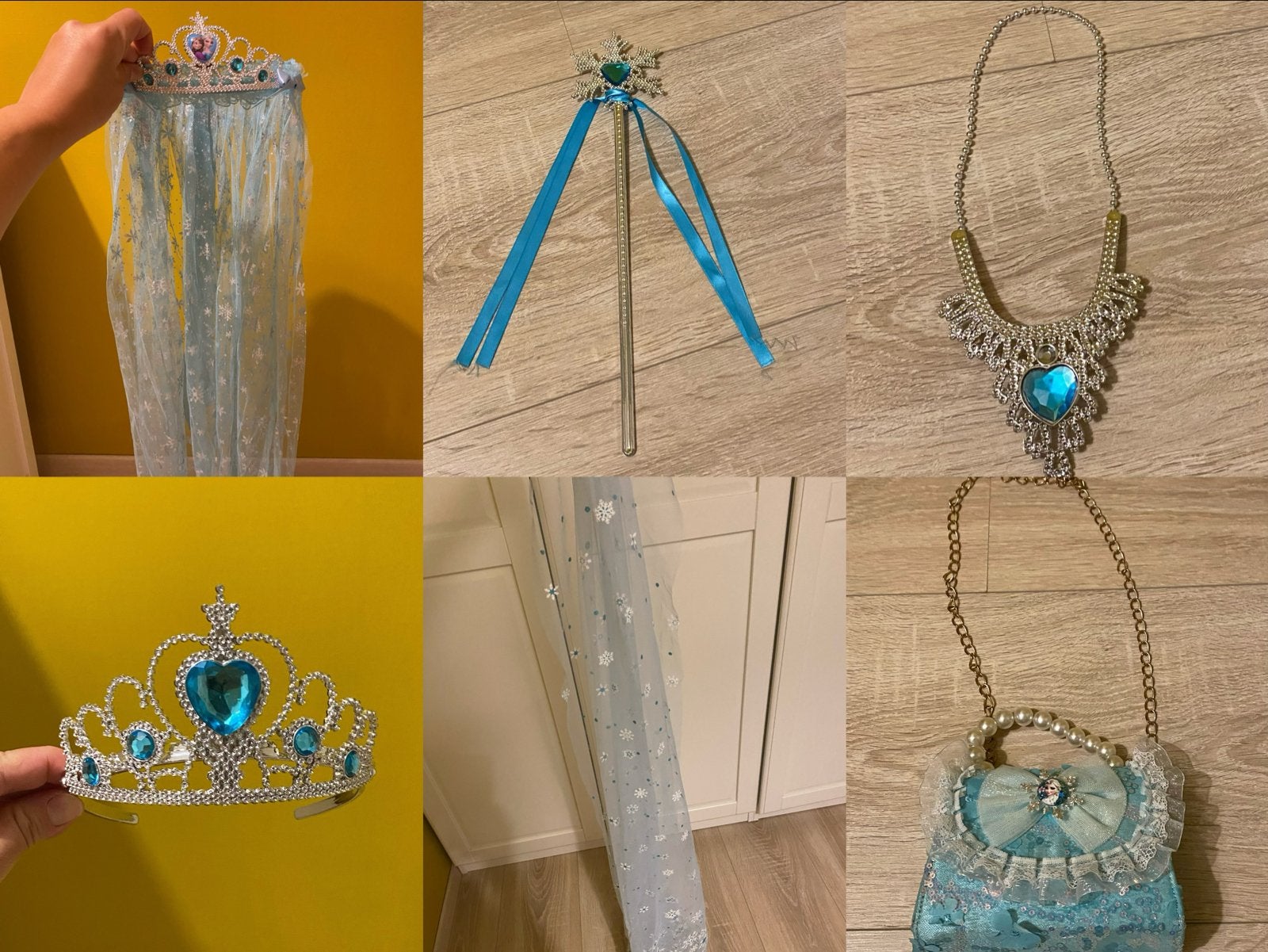 Elsa Frozen verkleedset: kroon, toverstaf, ketting, tasje, Ophalen of Verzenden, Zo goed als nieuw, Meisje