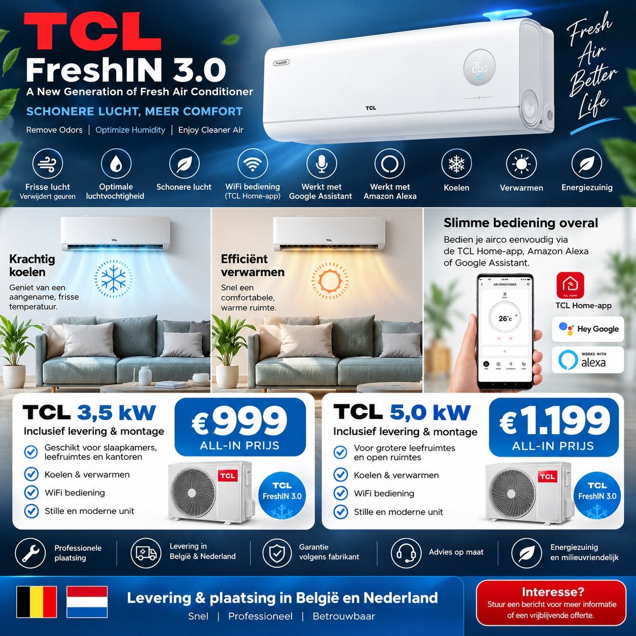 TCL FreshIN 3.0 Airconditioner - Koelen, Verwarmen, Ventiler, Nieuw, 3 snelheden of meer, Ophalen of Verzenden, Koelen en Ontvochtigen