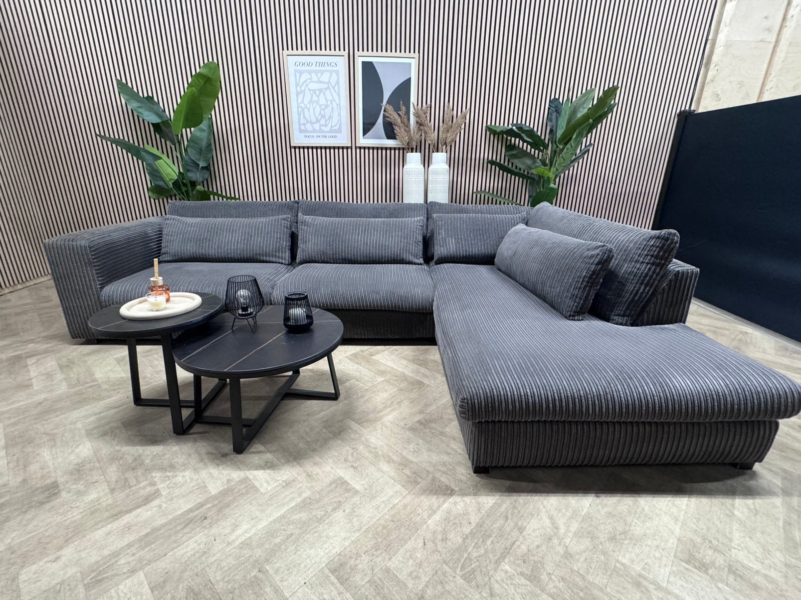 ZGAN XL Ribstof Hoekbank Loungebank - Grijs - 335 x 225, -, -, Hoekbank, 300 cm of meer