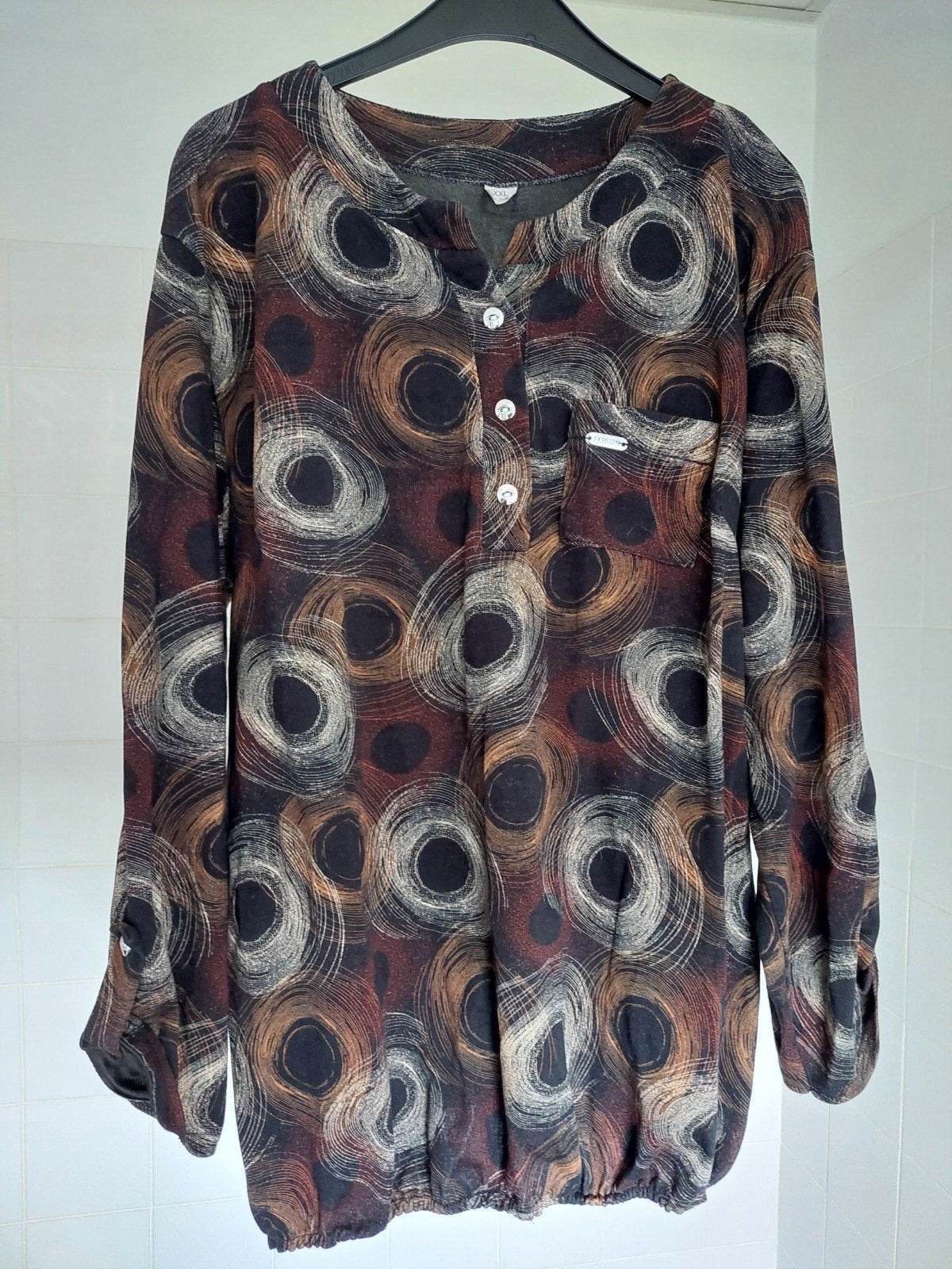 Leuke ballon blouse in bruine tinten - XXL, Maat 46/48 (XL) of groter, Ophalen of Verzenden, Zo goed als nieuw, Bruin