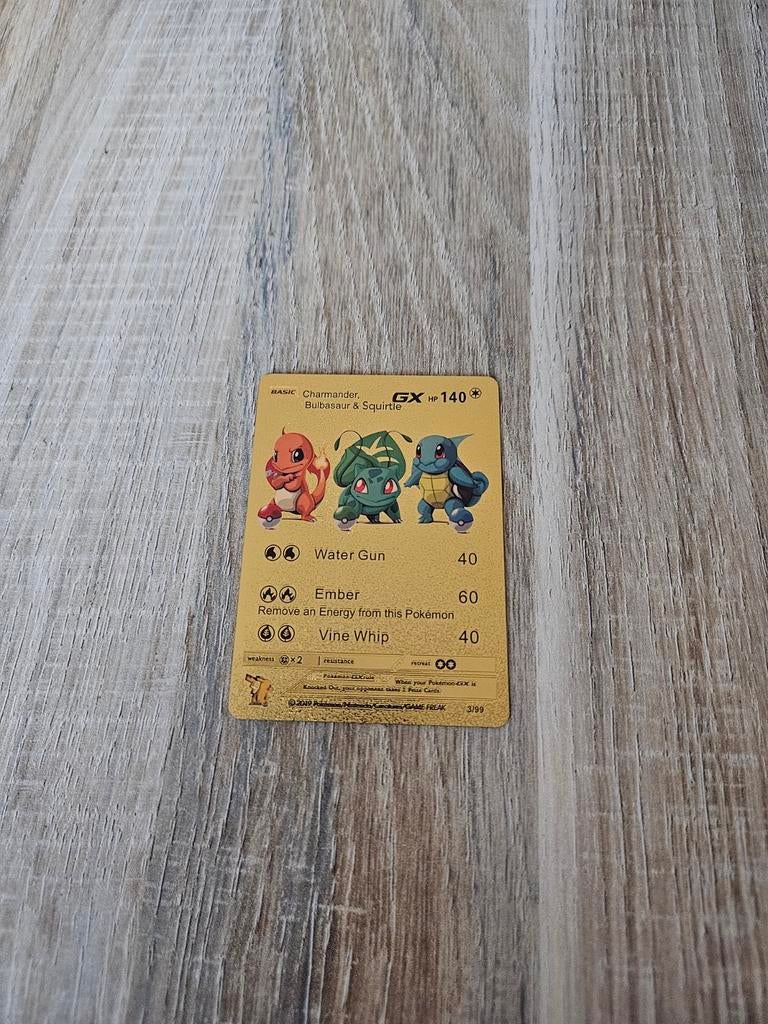 Charmander,Bulbasaur&Squirtle GX Gold metal pokemon card, Ophalen of Verzenden, Zo goed als nieuw