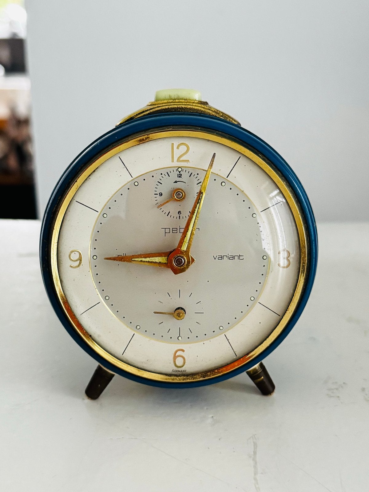 Vintage Peti Variant Wekker - Blauw met Gouden Details, Antiek en Kunst, Ophalen of Verzenden